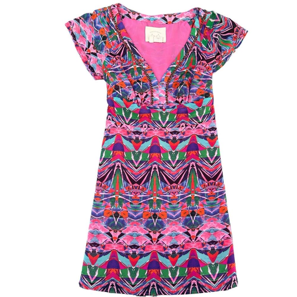 Anthropologie Vanessa Virginia Mural Mini Dress Womens 2‎ Embellished Tie Waist